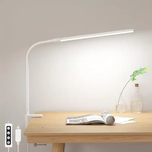 Lepro Small Desk Lamp with Clamp, LED Reading Lamps with 450LM, 3 Color Modes 10 Brightness, Dimmable USB Clip on Desk Light with Gooseneck Swing Arm for Nail, Home Office and Dorm (White)
