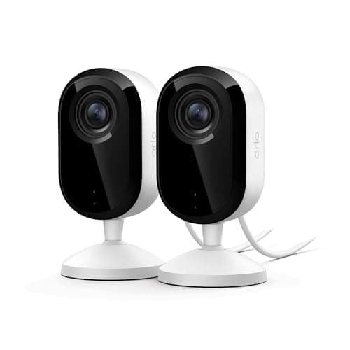 Arlo Essential Indoor Security Camera 2K (3rd Gen, 2025 Release) - Wired Plug-in Power, Person Recognition, Animal Detection, 1-Month Trial of Secure Plan, Automated Privacy Shield, 2 Cam, White