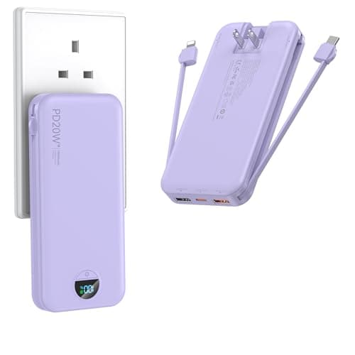 Portable Charger with Wall Plug, 10000mAh USB C Power Bank Fast Charging, External Battery Pack with Built in Cables, Digital Display, 5 Output 4 Input for iPhone Android Cell Phone Tablet