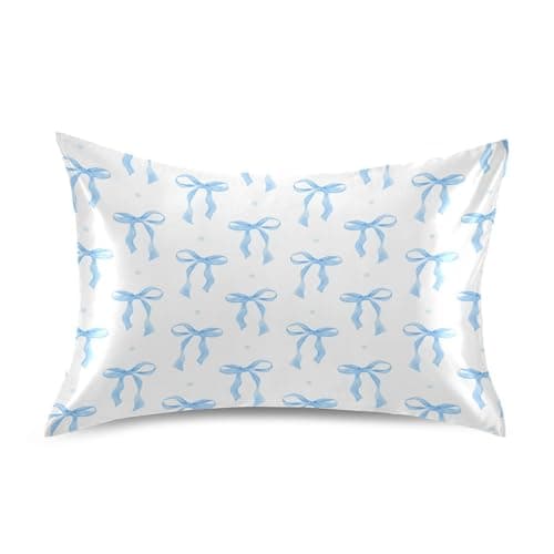 Blueangle Blue Ribbon Bow Satin Pillowcase for Hair and Skin Silk Pillowcase, Standard Size(20x26 inches) - Satin Pillow Covers with Envelope Closure