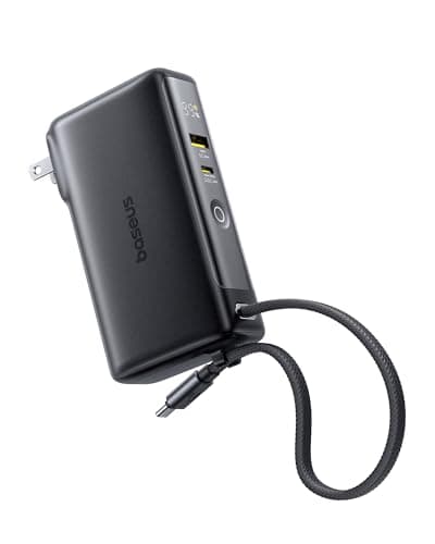 Baseus Nomos Power Bank, 67W Foldable Wall Plug and 10,000mAh 35W Portable Charger, 3-in-1 Travel Essentials Battery Pack Built-in USB-C Cable, for iPhone 17 16 15 Series, Samsung, MacBook, Laptop