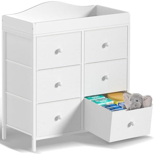 BOLUO Changing Table Dresser with 6 Fabric Drawers, Baby Dresser with Changing Table Top Diaper Changing Station with Storage for Nursery Modern