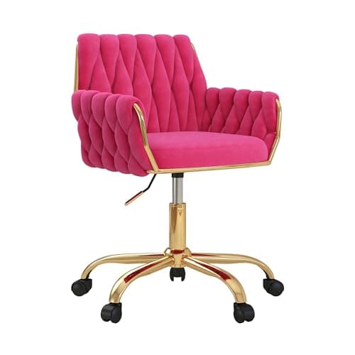 Gentlemoods Velvet Home Office Chair, Modern Height-Adjustable Vanity Chair with Golden Base and Hand-Woven Backrest for Bedroom/Study/Vanity (Hot Pink)