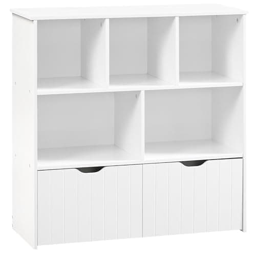 HOOBRO Toy Storage Organizer, Toy Organizers and Storage with 2 Movable Drawers and 5 Cubbies, Toy Chest Shelf for Books or Dolls, Kids Bookshelf and Toy Storage for Playroom, White WT88CW01