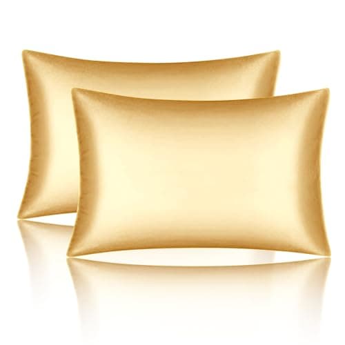 Satin Pillowcases Standard Set of 2 - Silk Soft Pillow Cases for Hair and Skin 20x26 inches,Gold Satin Pillow Covers 2 Pack with Envelope Closure for Home,School, Hotel