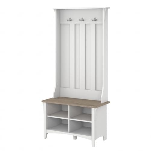Bush Home Salinas Hall Tree with Shoe Storage Bench in Shiplap Gray and Pure White, Multi-Purpose Home Organizer, Entryway Solution with Seating and Hooks