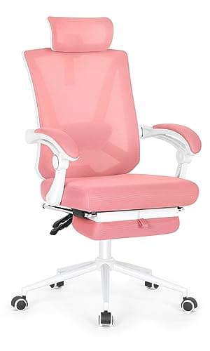 Misolant Ergonomic Office Chair with Footrest, Pink Desk Chair with Adjustable 2D Lumbar Support, High Back Mesh Ergonomic Office Chairs with Adjustable Headrest and Linkage Armrest