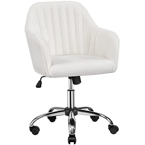 Yaheetech Boucle Desk Vanity Chair with Back Comfy Office Rolling Chair with Wheels Ergonomic Height Adjustable Swivel Modern Accent Armchair for Bedroom Ivory