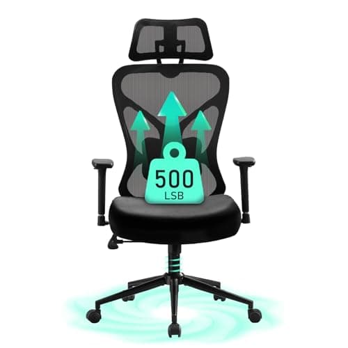 Big and Tall Office Chair, 500lbs Desk Chair, Ergonomic Office Chair, Adjustable Lumbar Support, Headrest & 3D Armrest, Thickened Cushion has a Spring Pack in The Middle(Black)