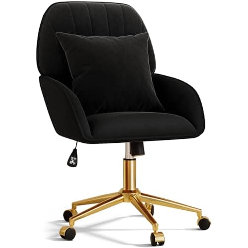 Czlolo Home Office Desk Chair Comfy with Adjustable Swivel Wheels, Modern Velvet Makeup Vanity Chair with Back & Pillow, Ergonomic Office Chair Computer Task Chair for Living Room, Bedroom, Black