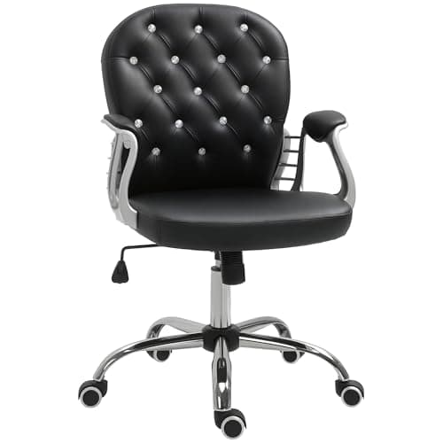 Vinsetto PU Leather Home Office Chair, Button Tufted Desk Chair with Padded Armrests, Adjustable Height and Swivel Wheels, Black