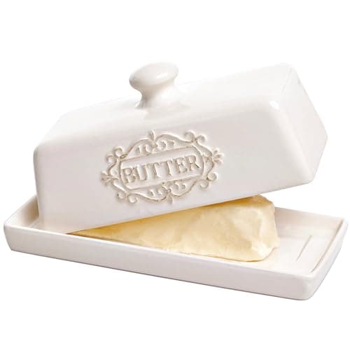 Covered Butter Dish with Lid - Elegant Engraved Butter Holder with Lid - Ceramic Butter Stick Holder Tray Holds Any Size Stick - Decorative Butter Keeper Container for Countertop & Fridge - 7.7" x 4"