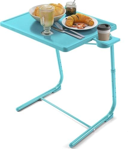 HUANUO Adjustable TV Tray Table - TV Dinner Tray with Cup Holder on Bed & Sofa, Comfortable Folding Table with 6 Height & 3 Tilt Angle Adjustments for Laptop (Azure)