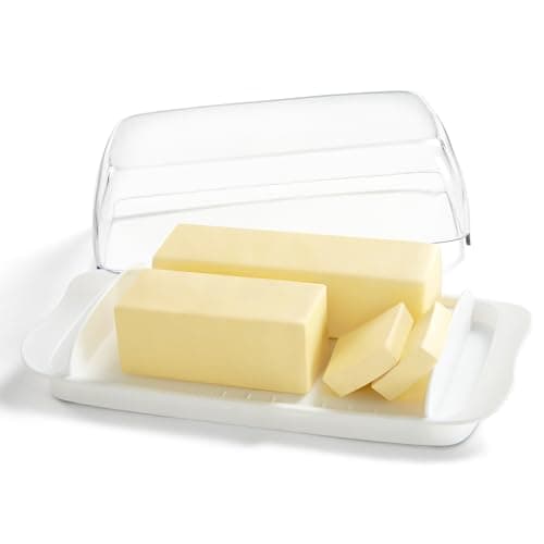 Lifewit Butter Dish with Lid for Countertop, Extra Large Plastic Butter Holder Container with Handles&Markings in Kitchen Organization, Perfect for 2 West/East Coast Butters, Dishwasher Safe, White