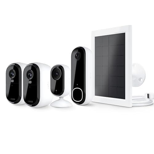 Arlo Essential Security Camera 2K Indoor/Outdoor 2 Cameras, Essential 2K Indoor 1 Camera, Video Doorbell & Solar Panel Bundle | Battery gets Charged with Solar Panels | White
