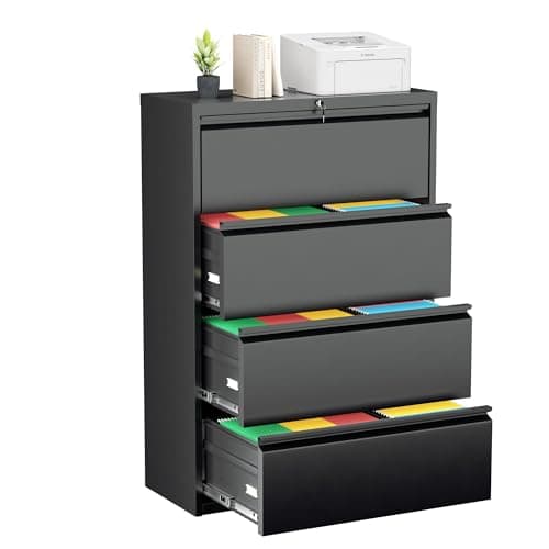 Greenvelly 4 Drawer Lateral File Cabinet with Lock, Black Locking Lateral Filing Cabinet with Drawers, Office Metal File Cabinets for Legal Letter Size with Keys and Hanging Frame