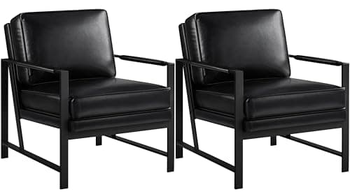 Yaheetech PU Leather Armchair, Retro Leisure Accent Chair with Extra Soft Padded and Cushion, Modern Reading Arm Chair with Black Metal Frame for Living Room/Office/Bedroom/Study Black 2 PCS