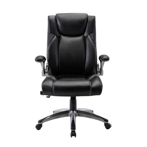 COLAMY Ergonomic Office Chair, High Back Leather Desk Chair with Adjustable Lumbar Knob, Thick Cushion Seat, Flip-up Armrests, Rocking Function, Computer Chair for Home Office, Black
