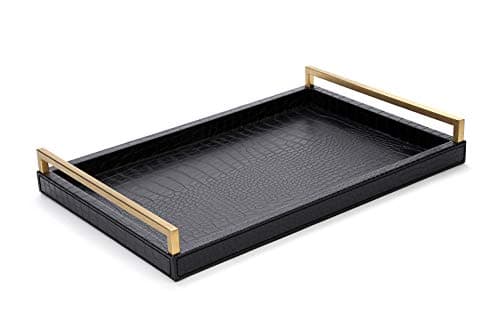 17.8X 11.8 Leather Ottoman Tray, Big Serving Tray with Brushed Gold Handles for Bars, Parties, Dinning, Decorative Tray for Modern Home Decor, Bathroom Vanity (Black)