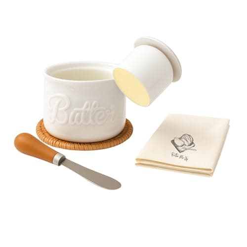 Premium French Butter Crock Gift Set – White Ceramic Round Water Seal Butter Keeper With Acacia Spreader, “Butter Me Up” Tea Towel & Rattan Trivet – Keeps Butter Fresh & Spreadable– Countertop Storage