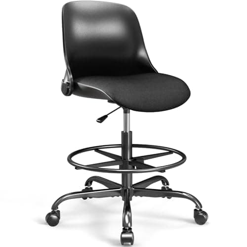 Alolo Armless Drafting Chair with Back Support,Adjustable Footrest Rolling Stool,Multi-Purpose Office Desk Chair for High Desk Bar Kitchen Home Office (Black)