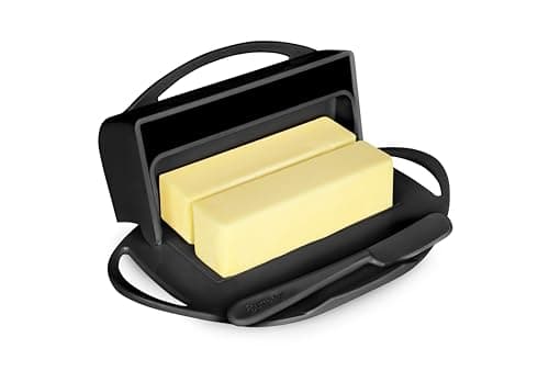 Butterie Flip Top Butter Dish with Attached Lid & Matching Knife - Holds 2 Sticks, Fits Kerrygold/European Butter - BPA Free & Dishwasher Safe - Black