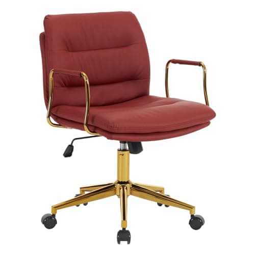 MOJAY Home Office Leather Chair,Aesthetic Desk Chair with Wheels,Modern Cross Golden Frame Adjustable Wide Computer Chair with Arm Support,Comfortable Swivel Task Chair for Bedroom (Burgundy)