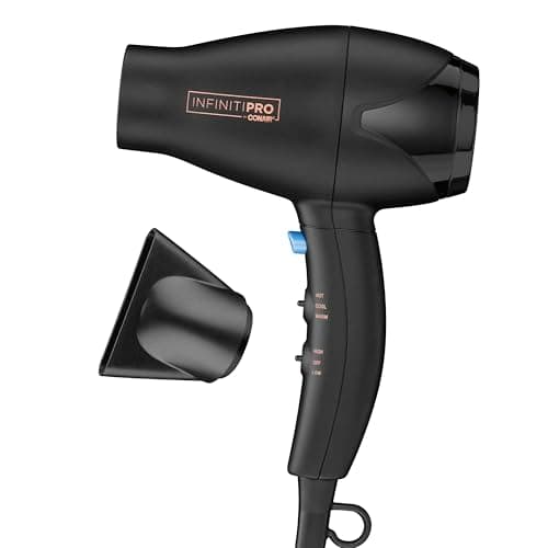 INFINITI PRO CONAIR Travel Hair Dryer, 1600W Mighty Mini Compact Blow Dryer with Concentrator Attachment, Lightweight Professional AC Motor for Fast Drying, 3 Heat & 2 Speed Settings, Black