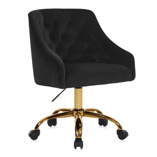 MOJAY Velvet Office Swivel Chair, Vanity Fabric Desk Pretty Fancy Gold Office Chairs for Girls, 360°Swivel Height Adjustable Reception Chair (Black)