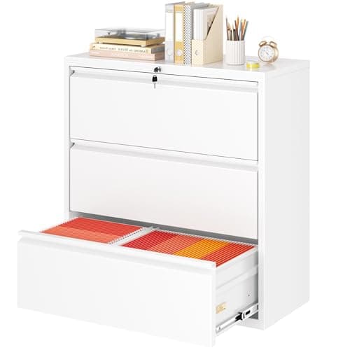 Greenvelly 3 Drawer Lateral File Cabinet with Lock, White Filing Cabinet for Home Office, Locking Metal File Cabinet for Legal/Letter/A4/F4 Size with Hanging Bars&Key