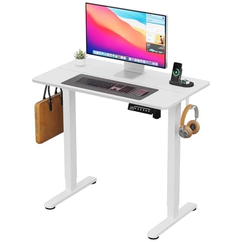 JYLH JOYSEEKER Small Standing Desk, 35" ×20" Electric White Standing Desk, Height Adjustable Compact Sit Stand Workstation with Splice Board, Home Office Desk with 2 Hooks