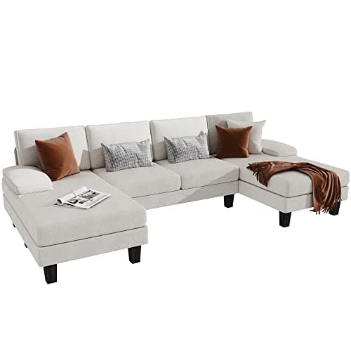 YESHOMY Convertible Sectional U-Shaped Couch with Soft Modern Cotton Chenille Fabric for Living Room, 4 Seats Oversized Sofas with Comfortable Backrest, White 1