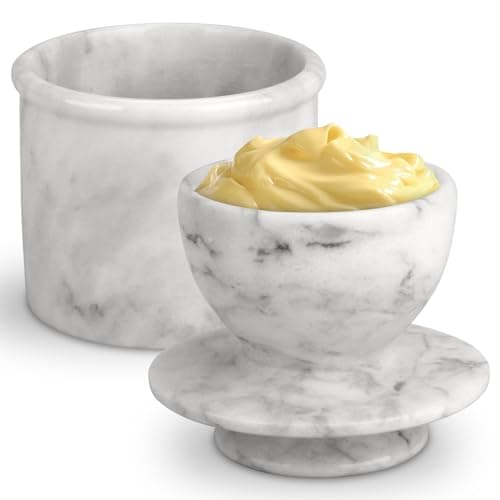 Butter Crock with Lid, Soft Spreadable Butter keeper, Marble French Butter Keeper to Leave On Counter, Butter Dish, Home and Kitchen Decor for Countertop (White Grey, Large)