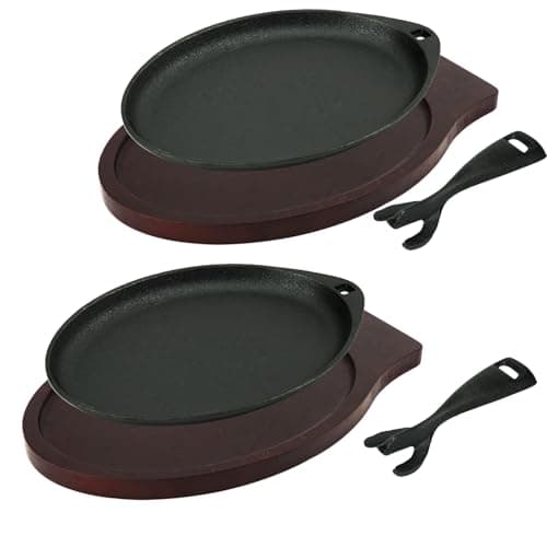 DVK 2 Cast Iron Skillet Set Sizzling Plate With Wooden Base Fajita Skillet With Removable Handle For Home Barbeque Kitchen Service
