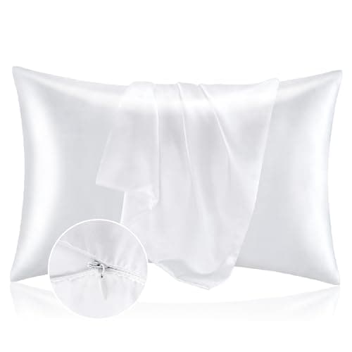 BEDELITE Satin Pillowcase with Zipper 2 Pack, White Pillow Cases Standard Size, Super Soft and Cooling Similar to Silk Pillow Cases, Gift for Women Men(20x26 Inches)