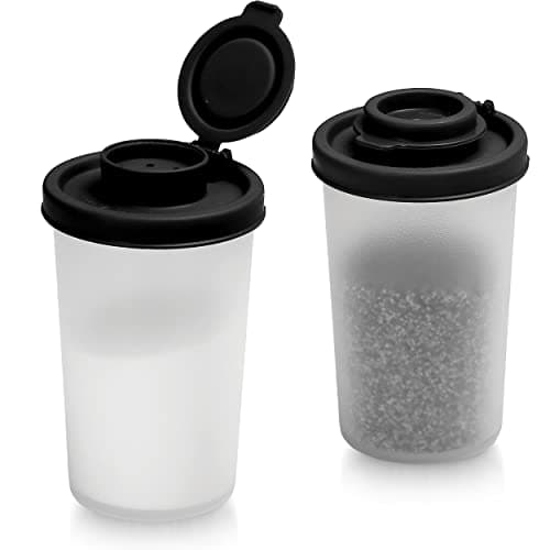 SIGNORAWARE Salt and Pepper Shakers Moisture Proof Set of 2 Large Salt Shaker to go Camping Picnic Outdoors Kitchen Lunch Boxes Travel Spice Set Clear with Black Lids Plastic Airtight Dispenser