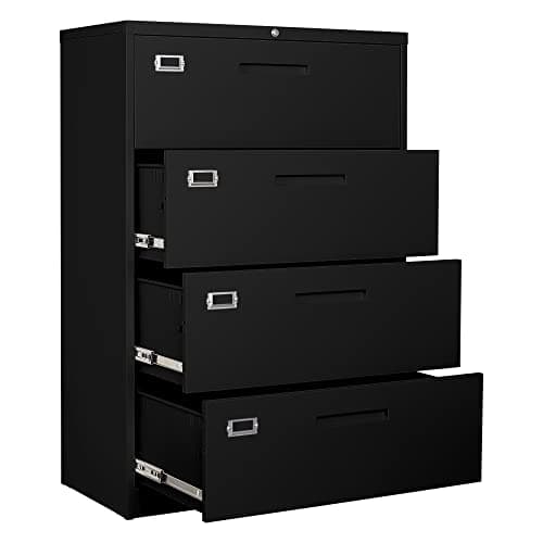 BYNSOE 4 Drawer Filing Cabinet with Lock Metal Lateral File Cabinet Office Home Steel Lateral File Cabinet for A4 Legal/Letter Size Wide Metal Cabinet Locked,Assembly Required (4 Drawer, Black)
