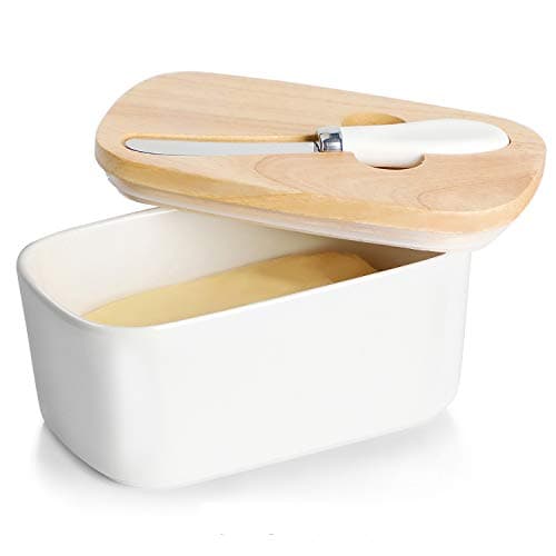 GDCZ Large Ceramic Butter Dish for Countertop Butter Keeper with Silicone Sealing, Natural Wooden Lid and Stainless Steel Knife, Kitchen Decor and Accessories for Kitchen Gifts (White)