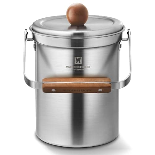 WAGENSTEIGER Kitchen Countertop Compost Bin 101ounces / 3Liters with Airtight Lid, SUS304 Stainless Steel Odor-Free Food Waste Bin with Wooden Handle Stylish Design/Bathroom Trash Can (Silver)