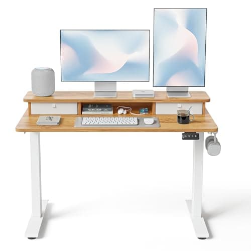 FEZIBO 48'' x 24'' Standing Desk with Double Drawers, Adjustable Desk, Home Office Stand Up Table with 4 Height-Adjustable Feets & 2 Hooks, Light Rustic