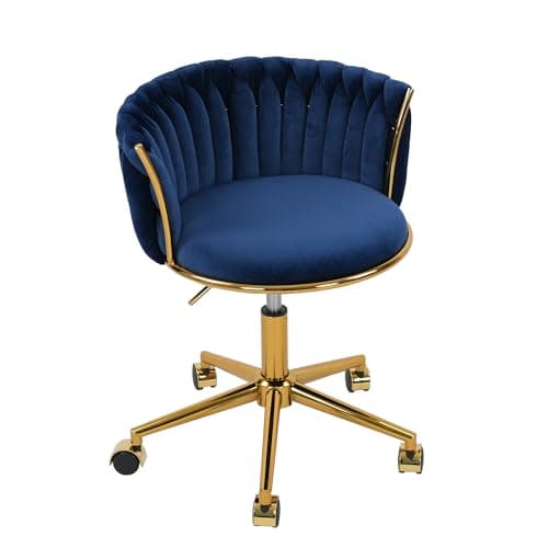 HENGJIANYI Velvet Woven Home Office Chair, Modern Swivel Desk Chair with Wheels, Height Adjustable Vanity Chair with Gold Metal Base and Hand Weaving Back for Bedroom Study Small Space, Navy Blue
