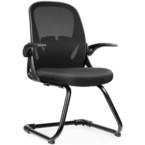 Primy Waiting Room Chairs with Flip Up Arms and Adjustable Lumbar Support, Office Guest Chairs & Reception Chairs for Conference Room, Breathable Mesh Black Desk Chair No Wheels for Guest and Elderly