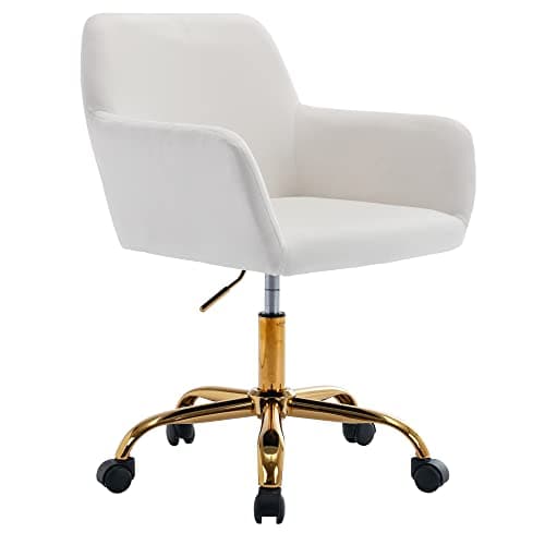 KCC Velvet Office Desk Chair, Comfy Swivel Modern Leisure Armchair with Wheels, Upholstered Comfy Velvet Fabric Makeup Chair Height Adjustable for Teens Women Girls Elegant Home Office, White