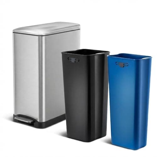 Home Zone Living 13 Gallon Slim Kitchen Trash Can with Dual Compartments for Trash and Recycling, Soft Close Lid, Step Pedal, Stainless Steel, Silver