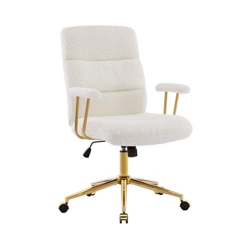 Elegant White and Gold Fuzzy Office Chair with Textured Boucle Fabric, Modern Desk Chair with Padded Seat, Height Adjustable with Durable Gold Base