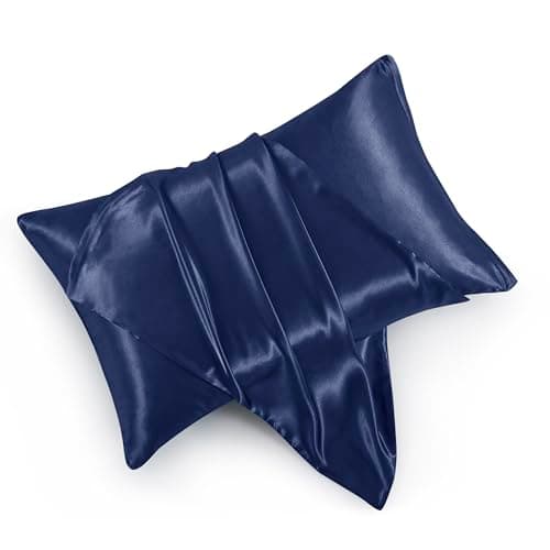 HommxJF Navy Blue Satin Pillowcases with Zipper (20x26),Standard Size Pillowcases Set of 2, Navy Blue Silk Pillowcase for Hair and Skin
