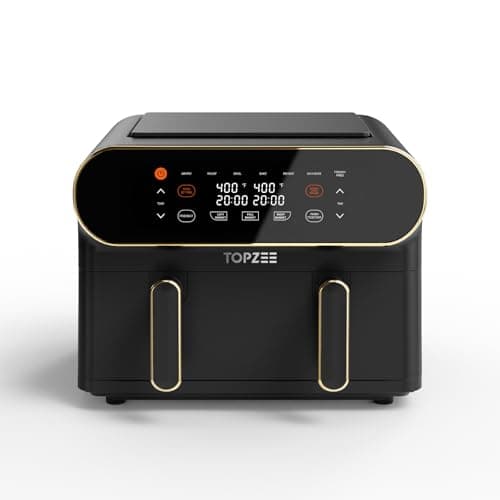 TOPZEE 11-QT Large Air Fryer, 8-in-1 XL Airfryer with Flex Basket, Divider for Dual Cooking, Preheat Air Fry, Roast, Broil, Bake, Reheat, Dehydrate, French Fries Dishwasher Safe, w/Gold Border
