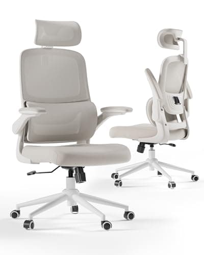Hbada P1 Ergonomic Office Chair with 2D Lumbar Support & Adjustable Headrest - Heavy Duty 300lbs Capacity, 102° Reclining, Foldable Arms, Thick Cushion - Perfect for Home Office Chair, White