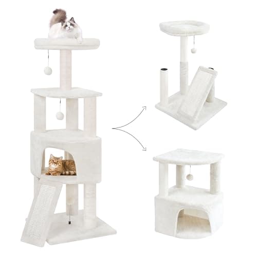 HUITREE 45in Cat Tree Tower with Big Condo for Indoor Kitten,Cat Tower with Scratching Post,Scratching Board and Cat Toys,Multi-Level,Small Space,Transformer Cat Tree, Beige(New)