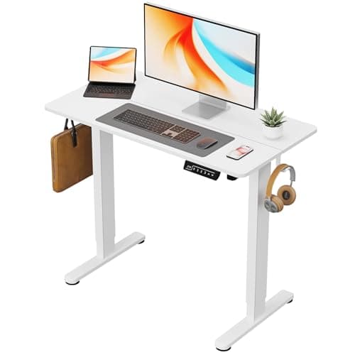 JYLH JOYSEEKER Small Standing Desk, 40" ×20" Electric White Standing Table, Height Adjustable Compact Sit Stand Desk with Splice Board, Home Office Table with 2 Hooks
